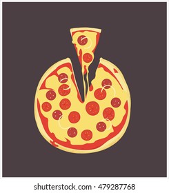 Vector illustration of a  fresh baked sliced pizza with tomatoes and  sausage.