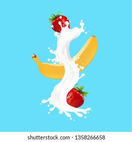 vector illustration of fresh bananas and strawberry with splash liquid