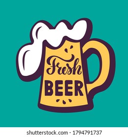 Vector illustration of fresh beer lettering on a mug for banner, greeting card, advertisement, poster, invitation, shop signage, web design or print. Handwritten text for beer festival 
