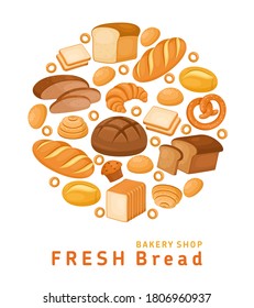 Vector illustration of fresh bread icons. Bakery pastry products . Whole grain bread, sliced bread, french baguette, croissant, cupcake, rye bread and pretzel for design menu bakery. 