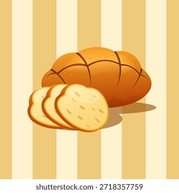 Vector illustration of a fresh bread loaf with sliced pieces, designed in a clean flat style with warm colors and soft shadows
