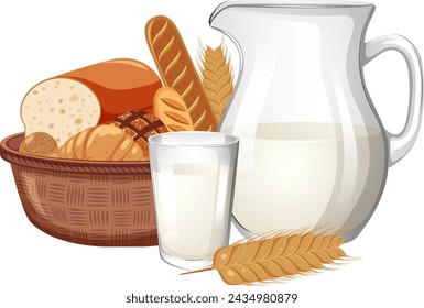 Vector illustration of fresh bread and oat milk.