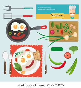 Vector illustration fresh breakfast food in flat style. Top view background.