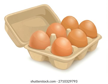Vector illustration of fresh brown chicken eggs in an open cardboard carton box, isolated on white background.
