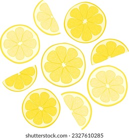 Ilustración vectorial de cortes de cítricos frescos de nueve piezas de limón. Imagen de ensalada de frutas de verano de lonchas de limón en vector. Ilustraciones de cítricos tropicales