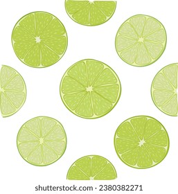 Vector illustration of fresh citrus cuts of nine lime pieces. Image of summer fruit salad of lime slices in vector. Illustrations of citrus tropical fruits.