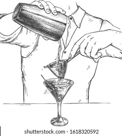 Vector illustration of fresh cocktail making mixing process. Barman in uniform free pouring alcohol from bottles to tall drink glass with ice. Vintage hand drawn style.