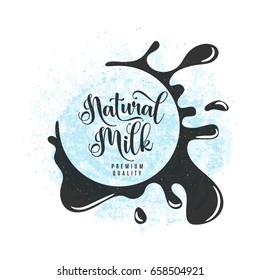 Vector illustration of fresh dairy milk background with drop and splash liquid, text lettering sign, grunge vintage texture