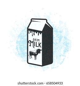 Vector illustration of fresh dairy milk package background with cow, drop and splash liquid, text lettering sign, grunge vintage texture
