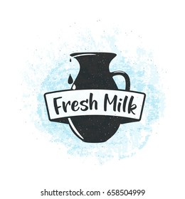 Vector illustration of fresh dairy milk background with drop and splash liquid, text sign, bottle, jug, grunge vintage texture