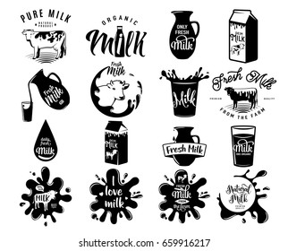 Vector illustration of fresh dairy milk logos, emblems, stamps with cow, drop and splash liquid, text lettering sign, bottle, jug, glass for milky natural product