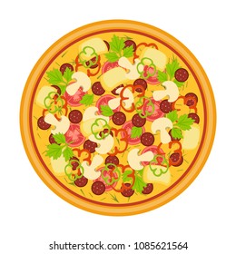 Vector illustration. Fresh delicious pizza with tomatoes, cheese, pepper and mushrooms.