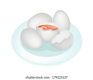 Vector Illustration Fresh Duck Eggs in A White Dish and Cracked Egg with Natural Egg Yolk Isolated on White Backgrounds 