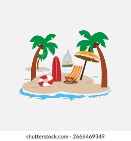 Vektorgrafik eines frischen, flachen Designs einer tropischen Insel mit Palmen und einem Liegestuhl