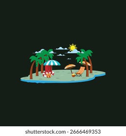 Vector illustration of a fresh flat design of a tropical island with palm trees and a lounge chair