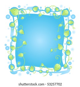 Vector illustration of a fresh floral frame design with leaf vines border, blurred blue drops and funky details around the banner.