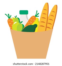 Vector illustration - fresh food - vegetables, milk and baguette - in a paper bag isolated close-up. Concept delivery service