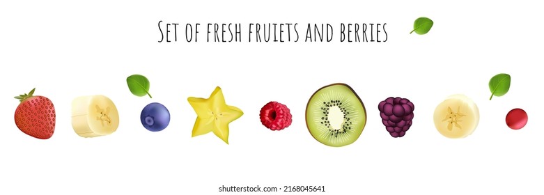 Vector illustration of fresh fruies and berries: banana, carambola, kiwi, bluberry, strawberry, blackberry, raspberry, cranberry.	