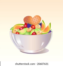 Vector illustration of Fresh fruit  salad with strawberries, banana, blackberries, orandge and apples