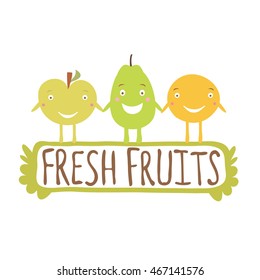 Vector illustration with fresh fruits banner. Apple, pear and orange. Template of emblem, logo, label. Vegetarian healthy nutrition