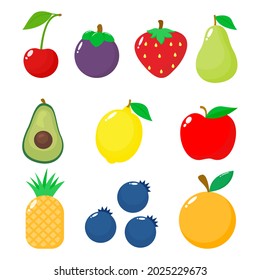 Vector illustration of fresh fruits. Set of colorful cartoon fruit icons, isolated on white. cherry, kiwi, strawberry, pear, avocado, lemon, apple, pineapple, kiwi, orange. Educational media. Symbol. 