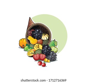 Vector illustration of fresh fruits and vegetables In a basket on white background