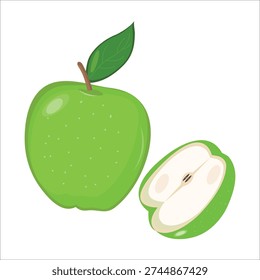 Vector illustration of fresh green apple with leaf and half sliced apple isolated on white background
Clean and modern vector illustration of a fresh green apple with green leaf and one half sliced apple, isolated on white background. Flat style with smooth shapes and bright natural colors. Suitable for food packaging, organic branding, healthy food promotion, nutrition concept, menu design, poster, banner, website, app UI, and t-shirt print.