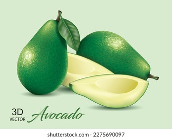 vector illustration fresh green avocado and avocado slice design template on light green background.tasty realistic fruits concept.