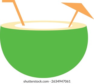 Vector Illustration of Fresh Green Coconut Drink with Straw and Umbrella for Summer, Tropical, and Beach Holiday Concepts