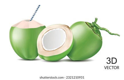 vector illustration fresh green coconuts and half of green coconuts isolated on the white background.use for tasty green coconut drink concept.