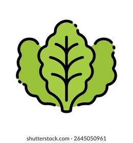 Vector illustration of fresh green lettuce leaves with bold black outline, symbolizing healthy vegetable and nutrition