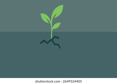 Ilustração vetorial de uma planta verde fresca brotando de terra rachada, simbolizando resiliência, crescimento, renovação e esperança