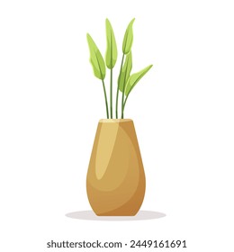 A vector illustration of fresh green plants in a brown vase on a white background, concept of home decor. Vector illustration