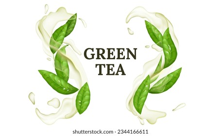 Vektorgrafik von frisch grünem Teeblatt mit Wassersplash und wirbelnder Bewegung. Erfrischende und gesunde Bio-Getränke mit Menthol-Aroma. Abstraktes und natürliches Design