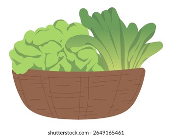 Vector illustration of fresh green vegetables, including lettuce and spinach, arranged in a woven basket. Ideal for organic food concepts, healthy eating, and nature-themed designs.