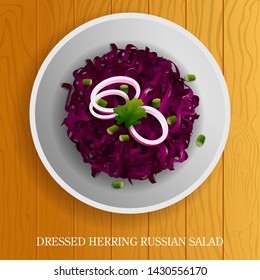 vector illustration of Fresh and Healthy Dressed Herring Russian Salad on wooden background