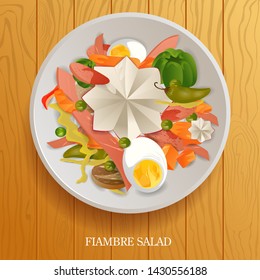 vector illustration of Fresh and Healthy Fiambre Salad on wooden background