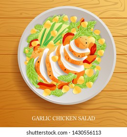 Vector Illustration Of Fresh And Healthy Garlic Chicken Salad On Wooden Background