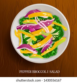 vector illustration of Fresh and Healthy Pepper Broccoli Salad on wooden background