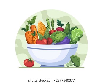 Vector illustration of fresh, healthy vegetables in a nutritious, colorful bowl – highlighting the importance of organic ingredients for wellness.
Perfect for awareness campaign, infographic, etc