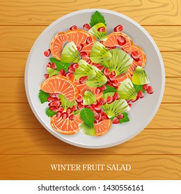 vector illustration of Fresh and Healthy Winter Fruit Salad on wooden background