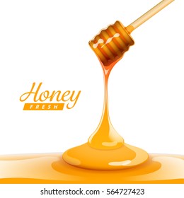 Vector illustration of fresh honey is flowing down from honey stick isolated