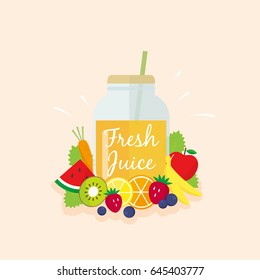 Vector illustration of fresh juice and fruits