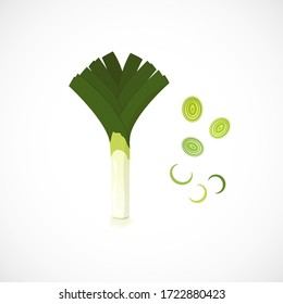 Vector illustration of fresh leek or green chives with cuts isolated on white background. Cartoon style Chinese onion for icon, vegetarian menu, farmer market. Healthy food, organic vegetable. 