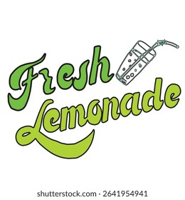 vector illustration of Fresh Lemonade in bright green tones.handwritten lettering from a glass of lemonade with a straw for summer design, beverage packaging, banners, posters, flyers and projects.