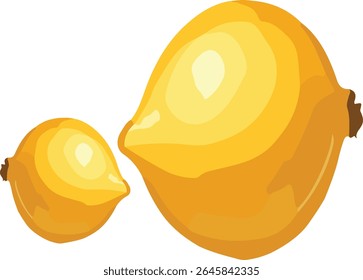Vector illustration of fresh lemons. Set of two whole ripe citrus fruits in a hand-drawn, stylized posterized style. Healthy food icon isolated on white background.