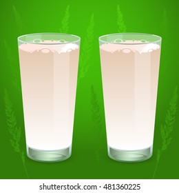 Vector Illustration. Fresh milk in a glasses on a green background.