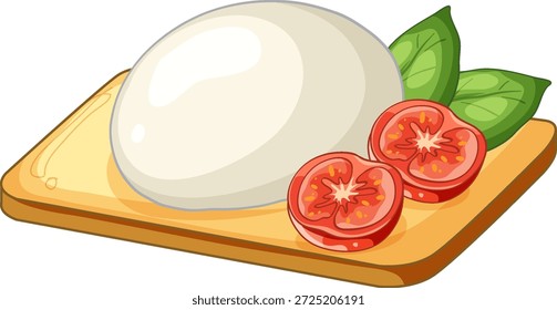 Vector illustration of fresh mozzarella cheese, cherry tomatoes, and basil leaves on a wooden board