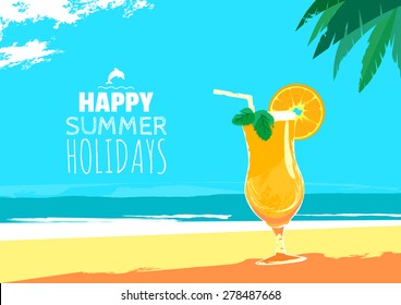 Vector illustration of  fresh orange juice on tropical beach with "Happy summer holidays" text.