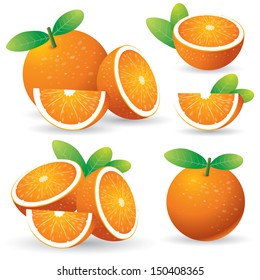 Vector illustration of fresh oranges with leaves set
